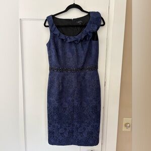 Tahari Navy Blue brocade ruffle dress